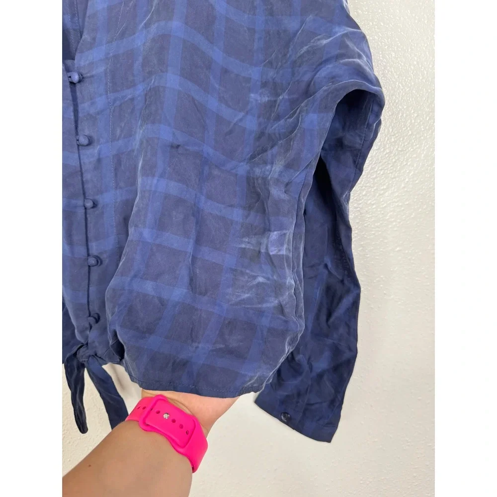 Rails Sloane Navy Tonal Plaid Cupro Tie Front Blouse V-Neck Long Sleeve Small